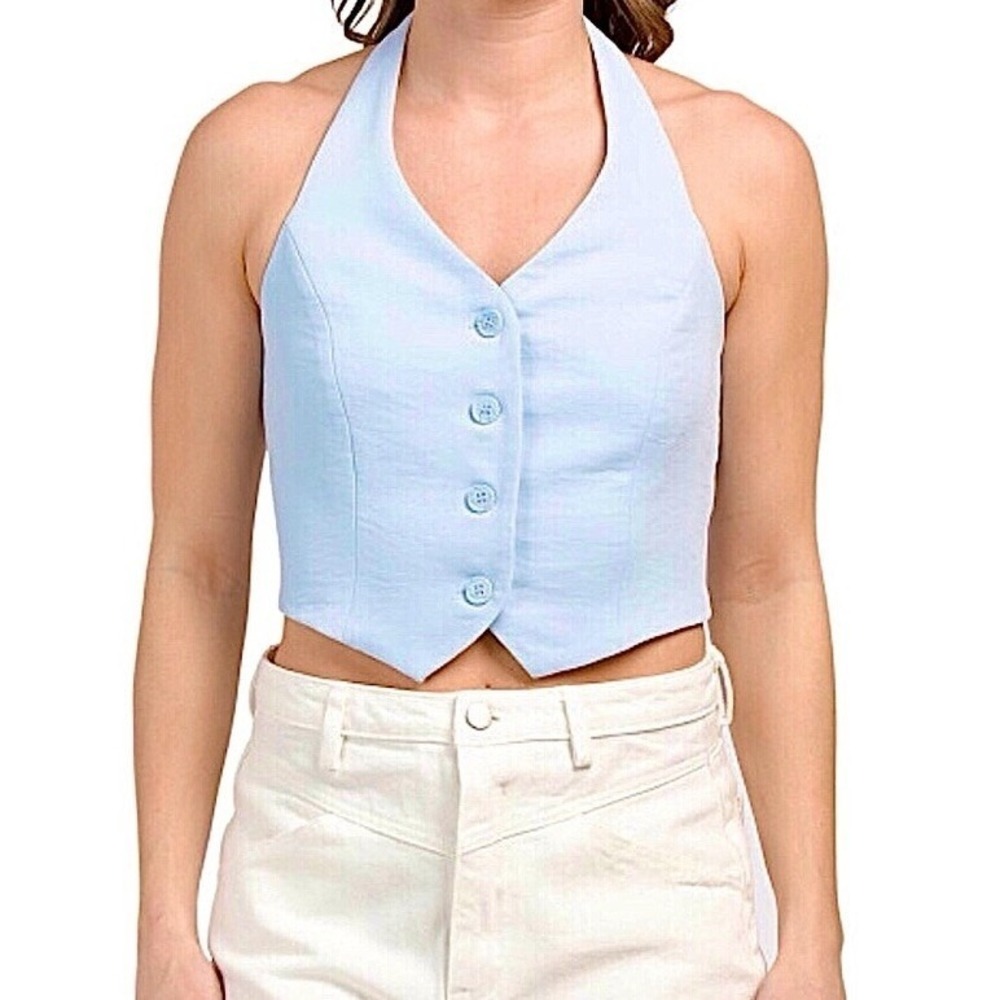 Christian Lacroix Halter Vest Button-Down Top‎ Size 4 Light Blue Cropped